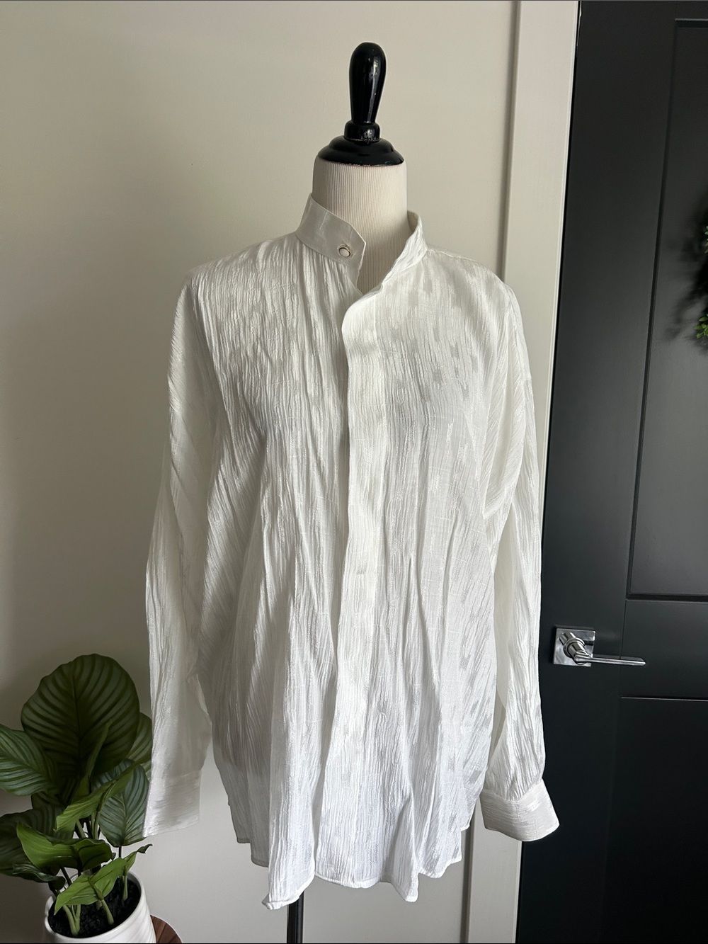 Elliott L loose fit long sleeve elegant White Textured Button-Up Shirt